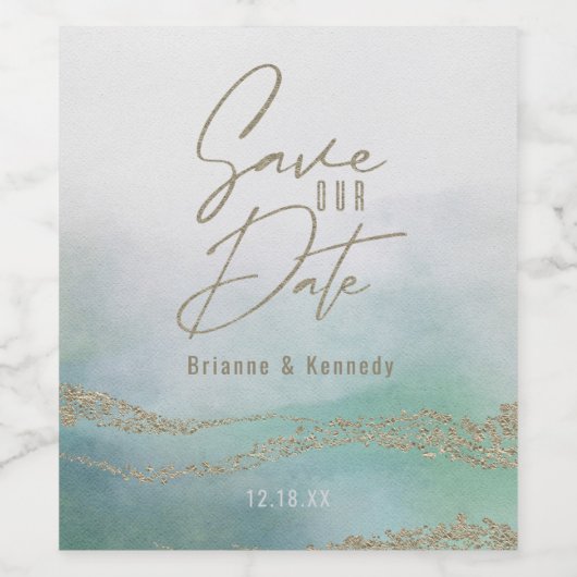 Elegantes Aqua Ocean & Gold Save the Date Weinetikett (Einzelnes Label)