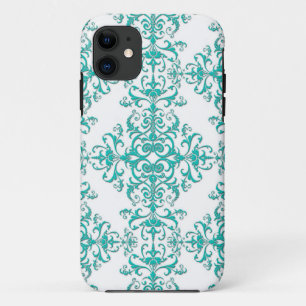 Elegantes Aqua Türkis über weißes Damask-Muster Case-Mate iPhone Hülle
