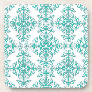 Elegantes Aqua Türkis über weißes Damask-Muster Getränkeuntersetzer