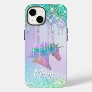 Elegantes Aqua Unicorn Glitzer Tropfen Monogramm Case-Mate iPhone 14 Hülle