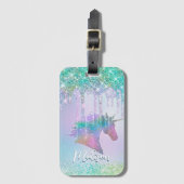 Elegantes Aqua Unicorn Glitzer Tropfen Monogramm Gepäckanhänger (Vorderseite Vertikal)