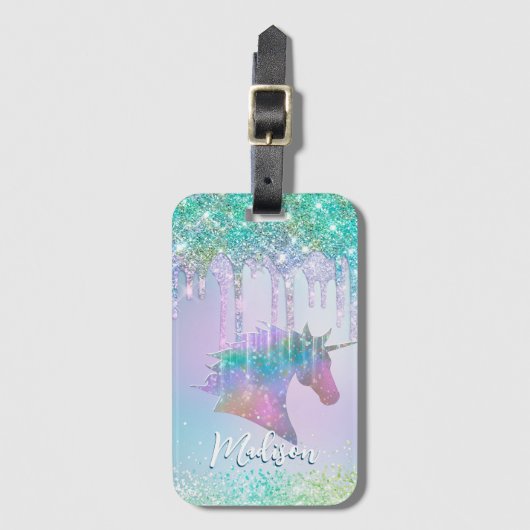 Elegantes Aqua Unicorn Glitzer Tropfen Monogramm Gepäckanhänger (Vorderseite Vertikal)