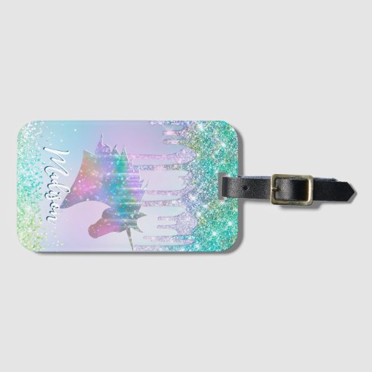 Elegantes Aqua Unicorn Glitzer Tropfen Monogramm Gepäckanhänger (Vorderseite (Horizontal))