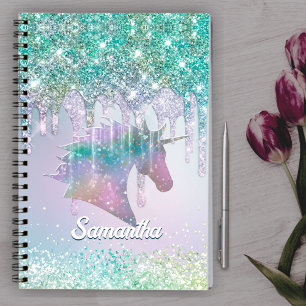 Elegantes Aqua Unicorn Glitzer Tropfen Monogramm Notizblock