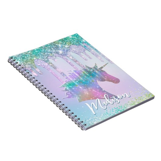 Elegantes Aqua Unicorn Glitzer Tropfen Monogramm Notizblock (Rechte Seite)