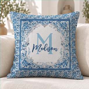 Elegantes aquablaues vintageflorales Monogramm Kissen