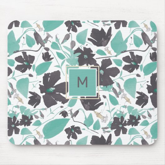 Elegantes Aquamarin-braunes Blumenmuster mit anfän Mousepad (Vorne)