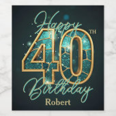 Elegantes Aquamarin & Gold Metallic Mosaik 40. Geb Weinetikett (Einzelnes Label)