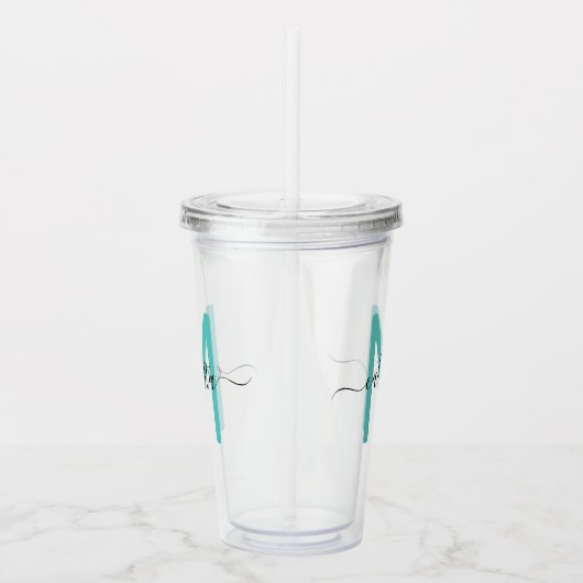 Elegantes Aquamarin-grünes Schwarzes Monogramm Acryltrinkbecher (Rechts)