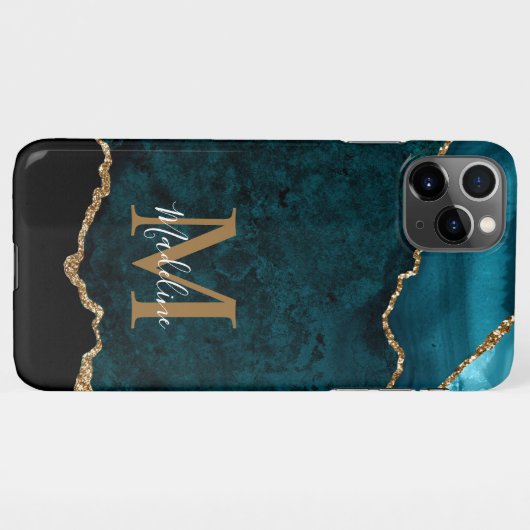Elegantes Aquamarin Marble Agate Geode Gold Monogr iPhone Hülle (Rückseite (Horizontal))