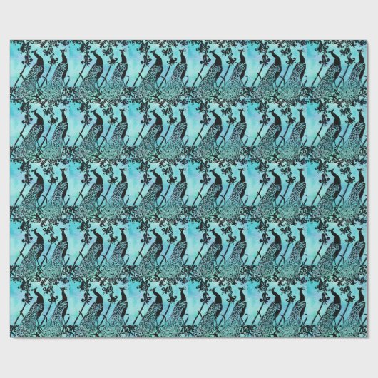 Elegantes Aquamarin-schwarzes Pfauenmuster Geschenkpapier (Flach)
