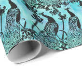 Elegantes Aquamarin-schwarzes Pfauenmuster Geschenkpapier (Rolleneckpunkt)