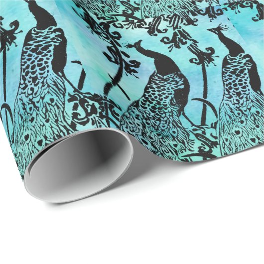 Elegantes Aquamarin-schwarzes Pfauenmuster Geschenkpapier (Rolleneckpunkt)
