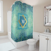 Elegantes Aquamarin-Türkis-Geometrisches Monogramm Duschvorhang (Beispiel)
