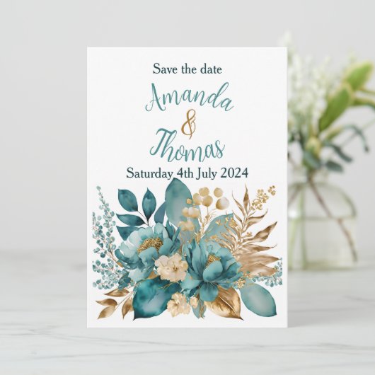 Elegantes Aquamarin- und Goldfloral Save the Date Einladung (Stehend Vorderseite)