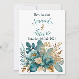 Elegantes Aquamarin- und Goldfloral Save the Date Einladung