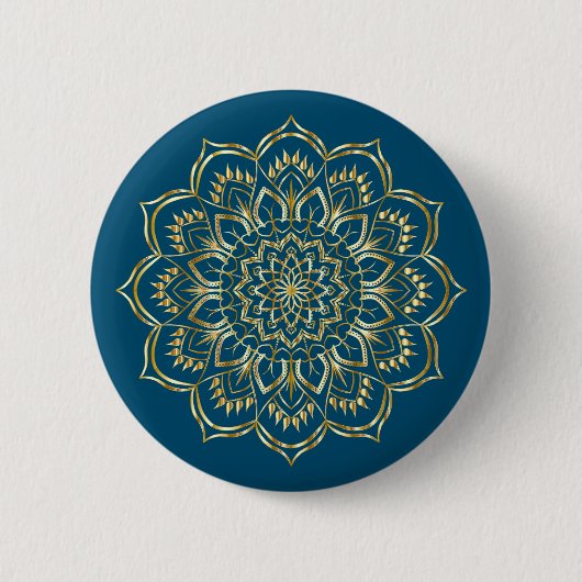 Elegantes, Aquamarines Blau- und Goldflorentmuster Button (Vorderseite)