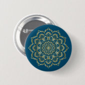 Elegantes, Aquamarines Blau- und Goldflorentmuster Button (Vorne & Hinten)