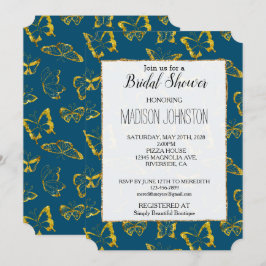 Elegantes Aquamarines Blue Gold Butterflies Brautp Einladung