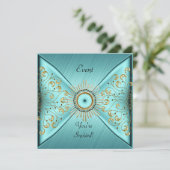 Elegantes Aquamarines Blue Gold Event-Party Einladung (Stehend Vorderseite)