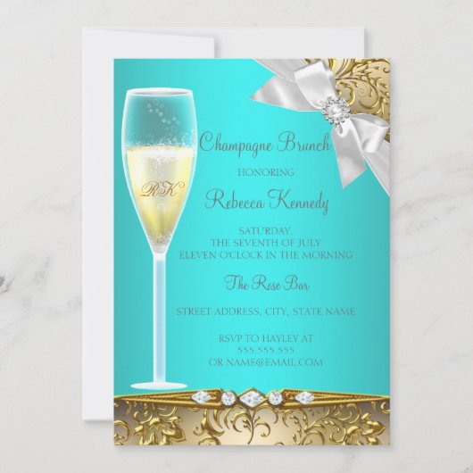 Elegantes Aquamarines Blue Gold Weißer Champagner Einladung (Vorderseite)