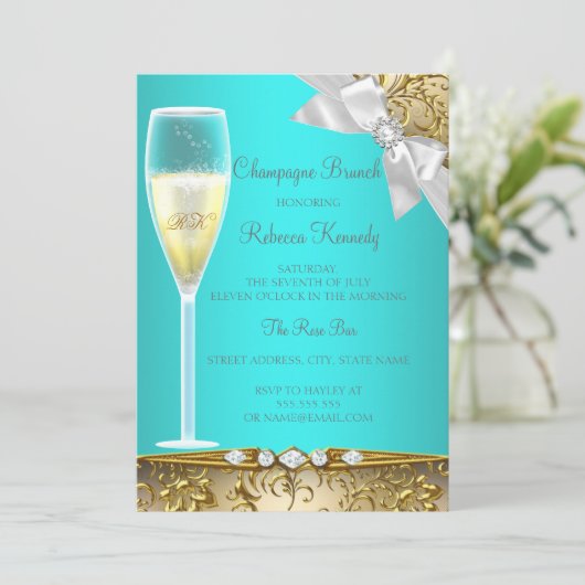 Elegantes Aquamarines Blue Gold Weißer Champagner Einladung (Stehend Vorderseite)