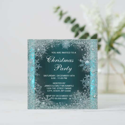 Elegantes Aquamarines Blue Snowflake Weihnachten P Einladung (Stehend Vorderseite)
