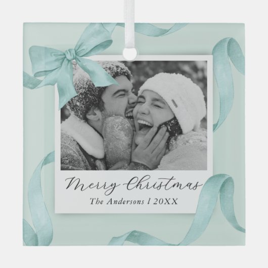 Elegantes Aquamarines Bow Foto Ornament Aus Glas (Vorderseite)