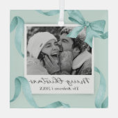 Elegantes Aquamarines Bow Foto Ornament Aus Glas (Rückseite)