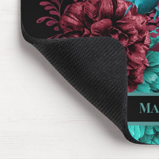Elegantes Aquamarines Burgundy Red Blume Black Mon Mousepad (Ecke)