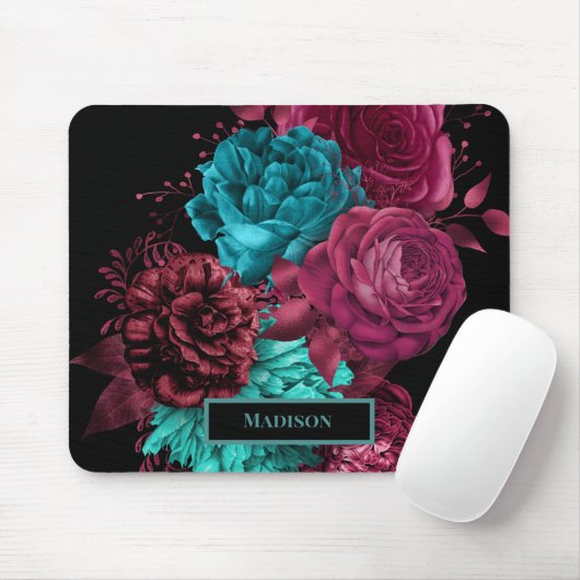 Elegantes Aquamarines Burgundy Red Blume Black Mon Mousepad (Mit Mouse)