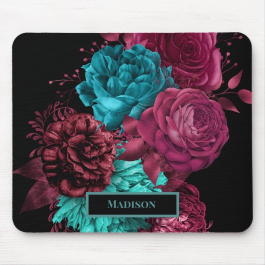 Elegantes Aquamarines Burgundy Red Blume Black Mon Mousepad (Vorne)