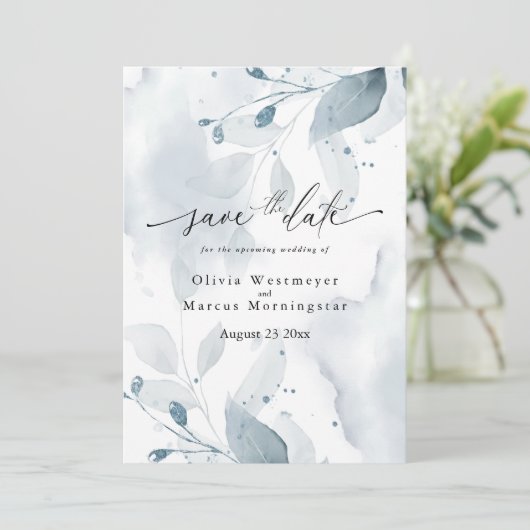 Elegantes Aquamarines Foliage Save the Date Einladung (Stehend Vorderseite)