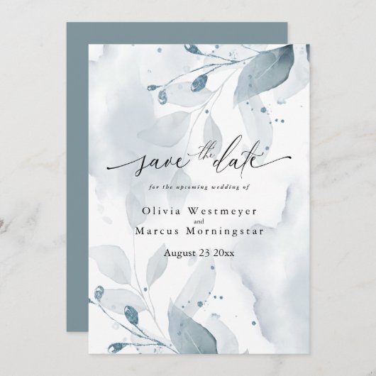 Elegantes Aquamarines Foliage Save the Date Einladung (Vorne/Hinten)