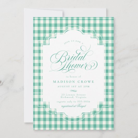Elegantes Aquamarines Gingham Script-Brautparty Einladung (Vorderseite)