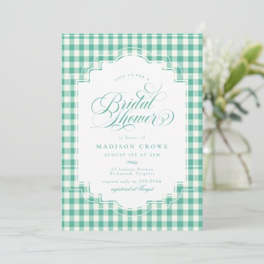 Elegantes Aquamarines Gingham Script-Brautparty Einladung (Stehend Vorderseite)