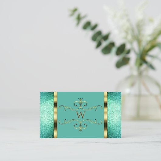 Elegantes Aquamarines Glitzer Gold Border Verziert Visitenkarte (Stehend Vorderseite)