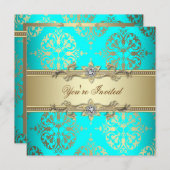 Elegantes Aquamarines Gold Damask Party Einladung (Vorne/Hinten)