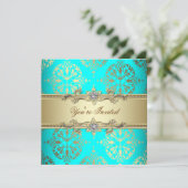 Elegantes Aquamarines Gold Damask Party Einladung (Stehend Vorderseite)