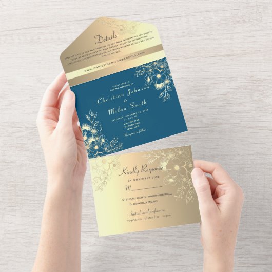 Elegantes Aquamarines Gold Floral Foto Hochzeit All In One Einladung (Abreißen)