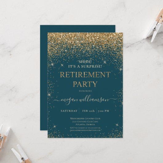 Elegantes Aquamarines Gold Glitzer Retirement Part Einladung (Vorderseite/Rückseite Beispiel)