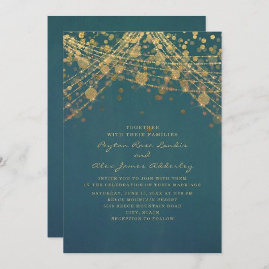 Elegantes Aquamarines Gold Glitzer String Lights H Einladung (Vorne/Hinten)