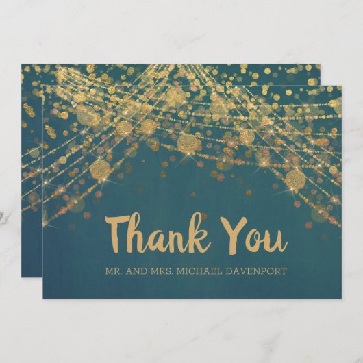 Elegantes Aquamarines Gold String Lights Bokeh Wed Dankeskarte (Vorne/Hinten)