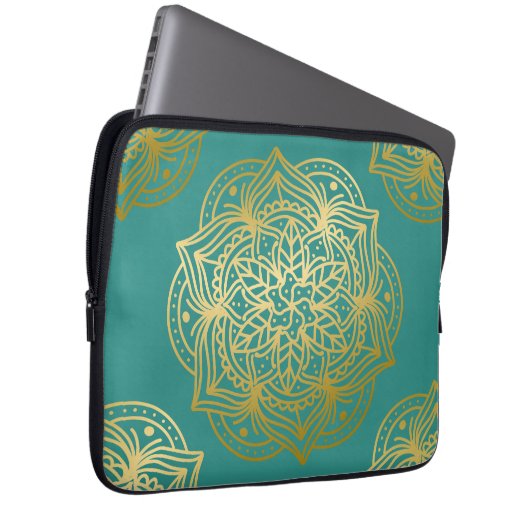 Elegantes Aquamarines Green Gold Mandala Muster Laptopschutzhülle (Vorne Rechts)