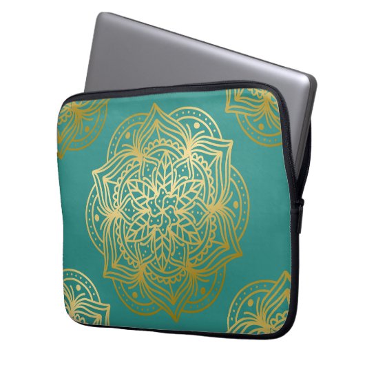 Elegantes Aquamarines Green Gold Mandala Muster Laptopschutzhülle (Vorderseite Links)