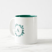 Elegantes Aquamarines Greenery Watercolor Monogram Zweifarbige Tasse (Vorderseite Links)