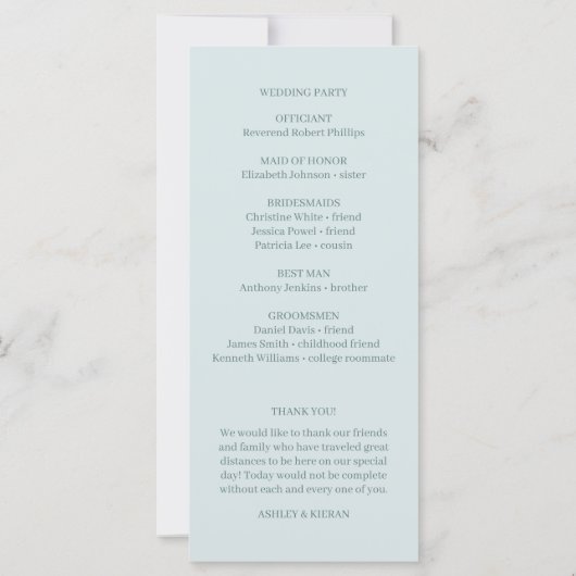 Elegantes Aquamarines Hochzeitsprogramm (Rückseite)