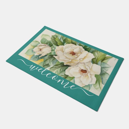 Elegantes Aquamarines Magnolia Floral Begrüßungssc Fußmatte (Schrägansicht)