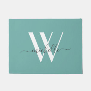 Elegantes Aquamarines Monogramm-Namensskript Fußmatte