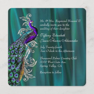 Elegantes Aquamarines Satin und Pfauenhochzeit Ein Einladung